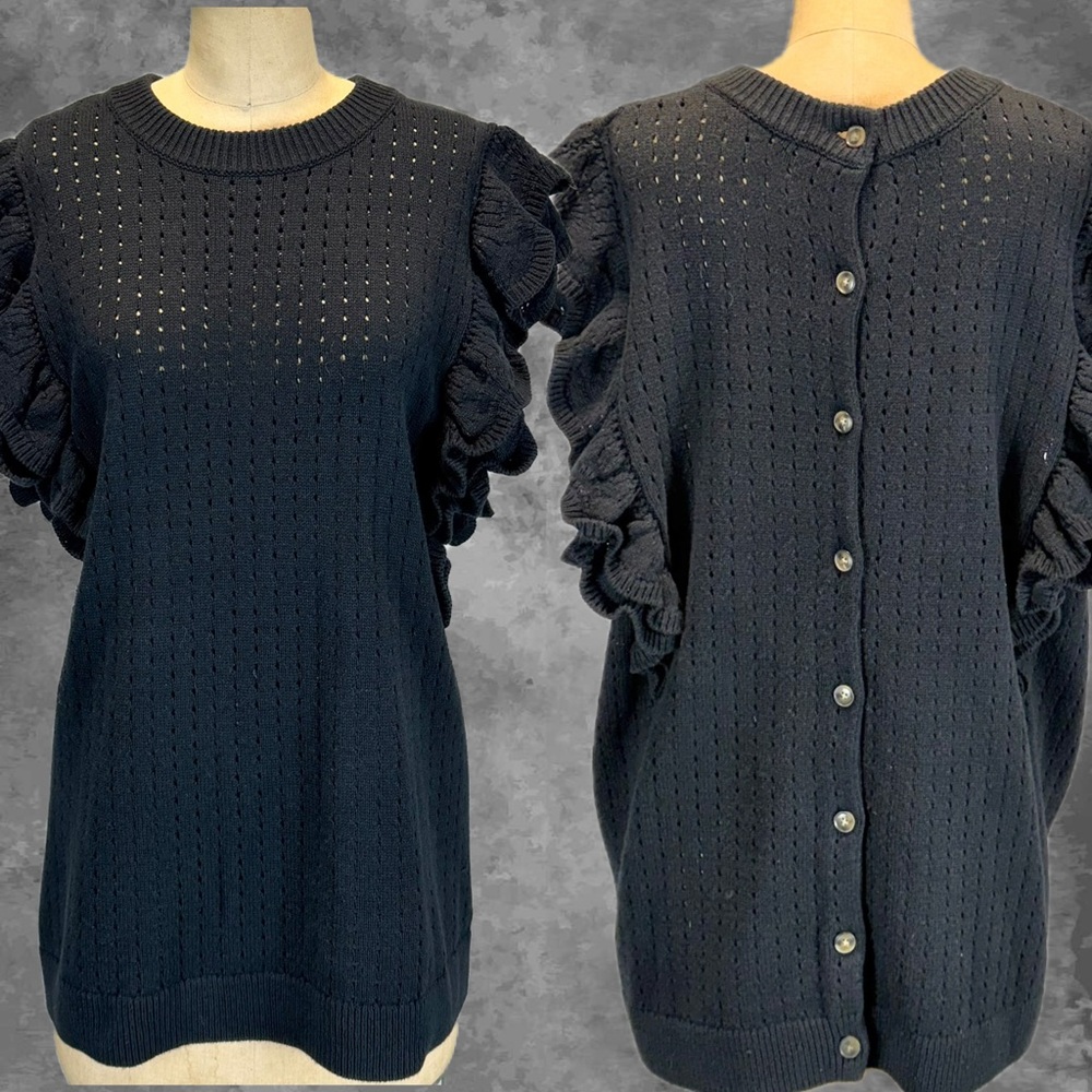 Ruffle shoulder knit sweater short sleeve‎ button down back long tunic plus size